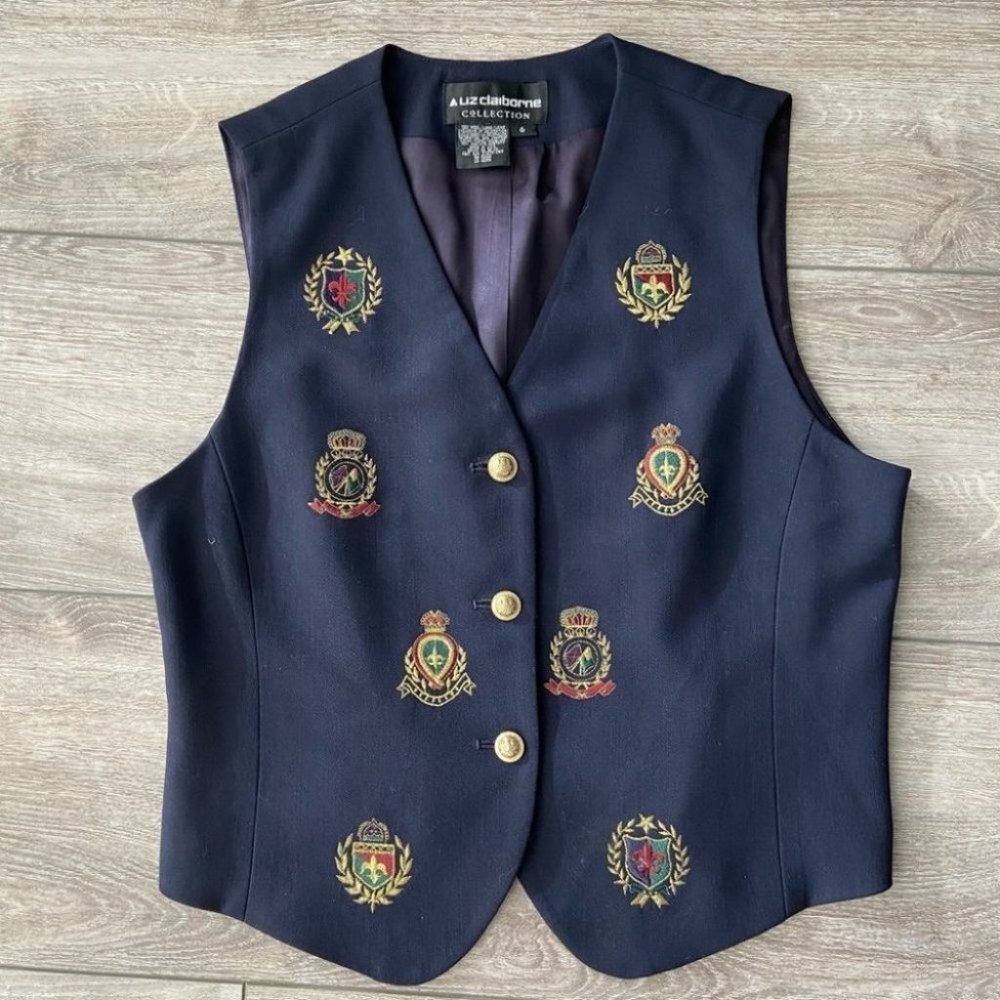 Vintage 90s Wool Liz Claiborne Gold Badge Fleur Navy Preppy Tailored Vest - Picture 1 of 11